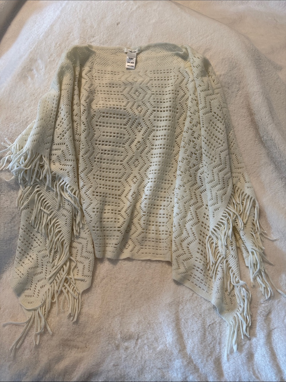Fringe Open-Knit Sweater Poncho - Cream